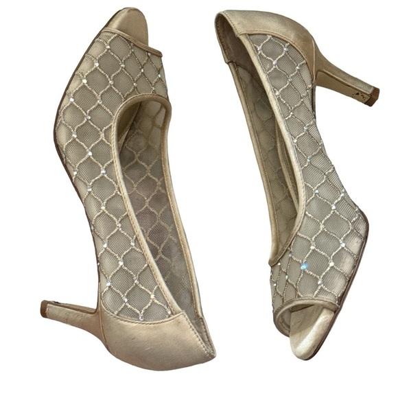 Alex Marie gold beaded leather sole peek toe satin party shoes Sz 6 M - Picture 3 of 8